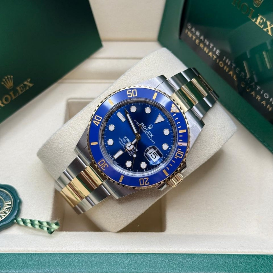 Blue and gold watch, side angle