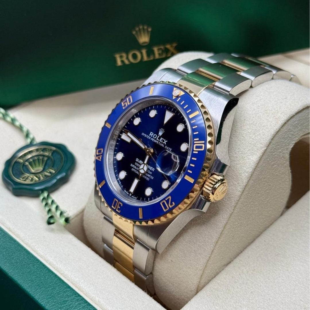 Blue and gold watch, three-quarter view