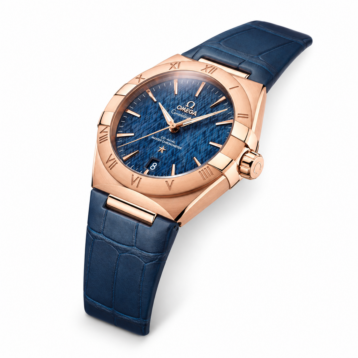 Omega Constellation Sedna Gold blue dial angled view